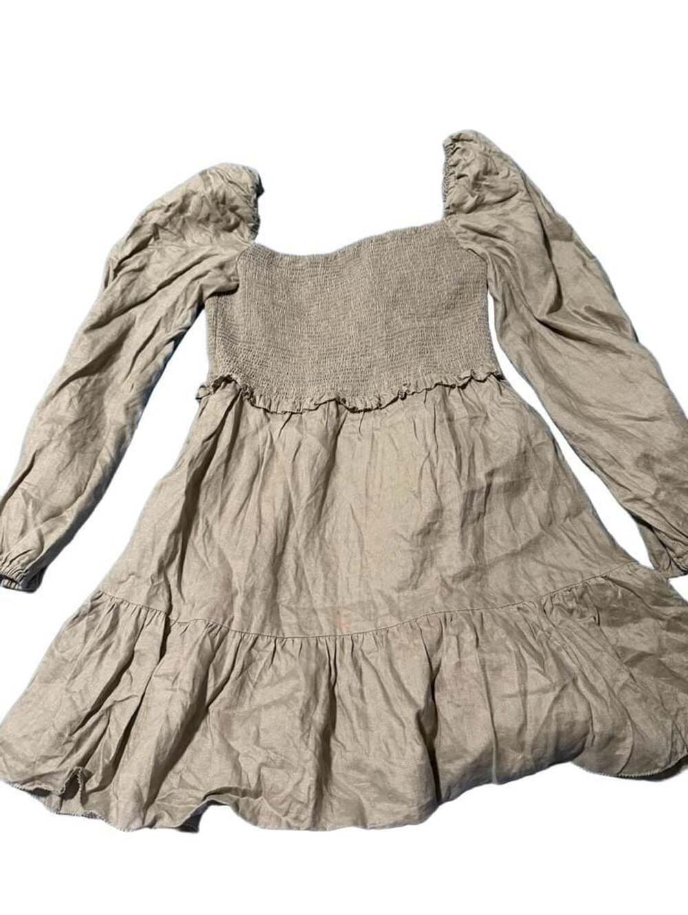 Quince Linen Long Sleeve Smocked Mini Dress Size L Sage Green